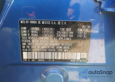 2019 Honda Hr-V Ex-L из США, поврежденный, VIN 3CZRU5H72KM718668